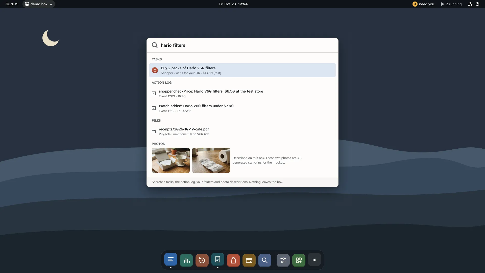 A search panel over the desktop with results from tasks, the action log, files and photos.