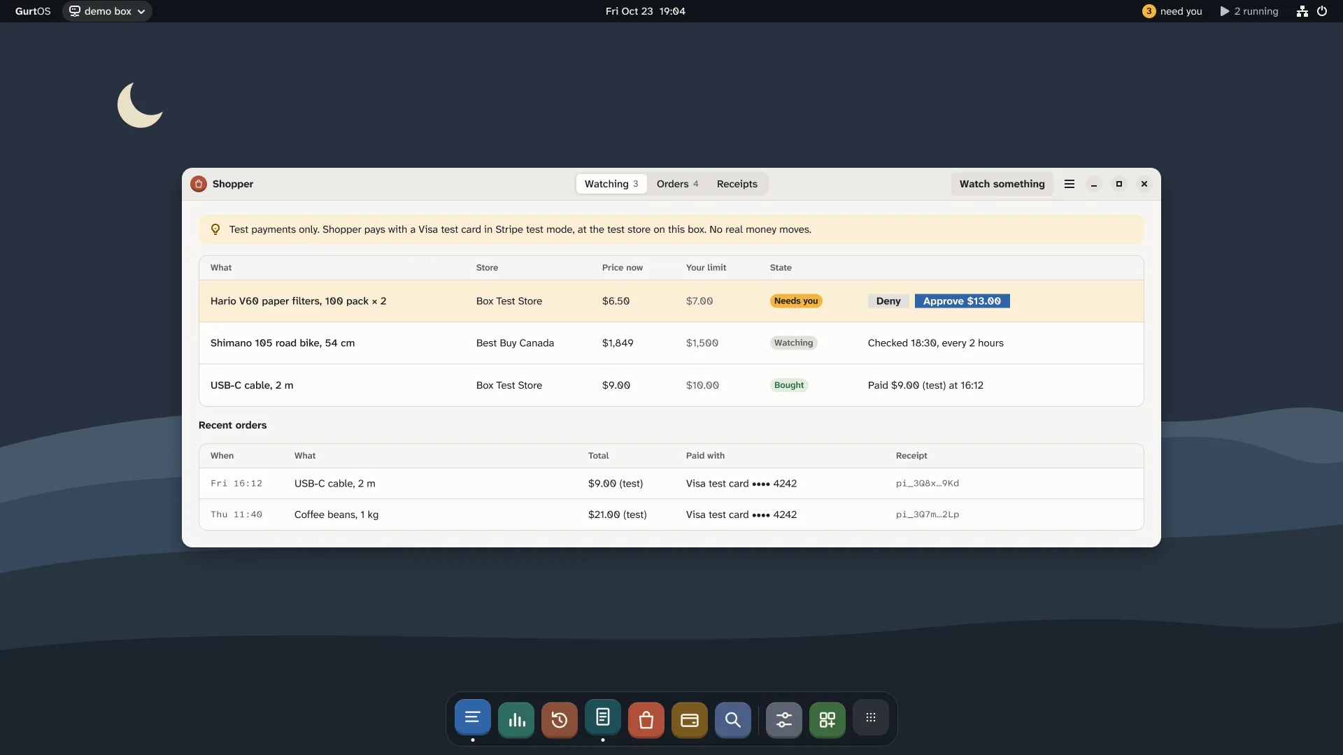 The Shopper app: a test payments notice, a watch list with a request to approve a $13.00 test payment, and recent orders paid with a Visa test card.