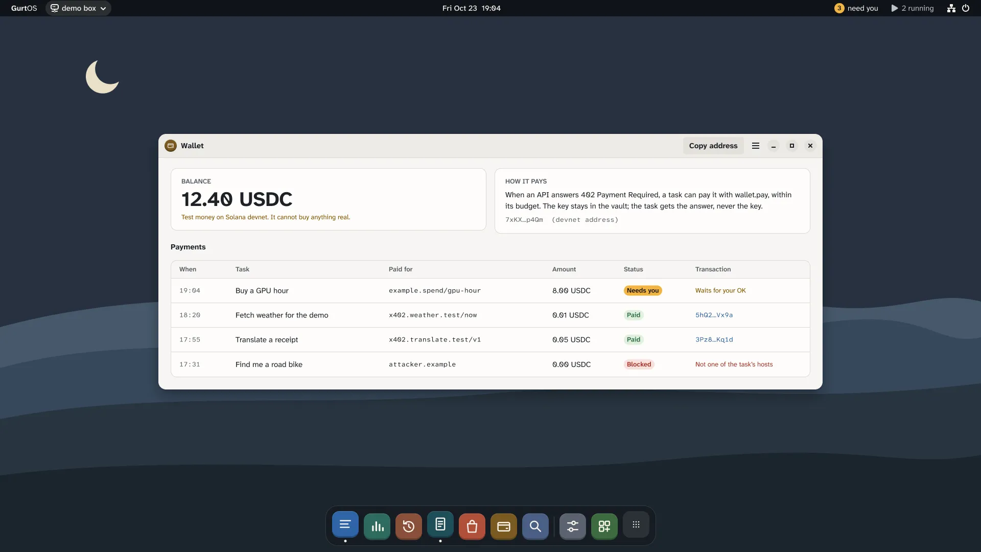The Wallet app: a devnet USDC balance labelled test money, how it pays, and a list of payments with their task, amount, status and transaction.