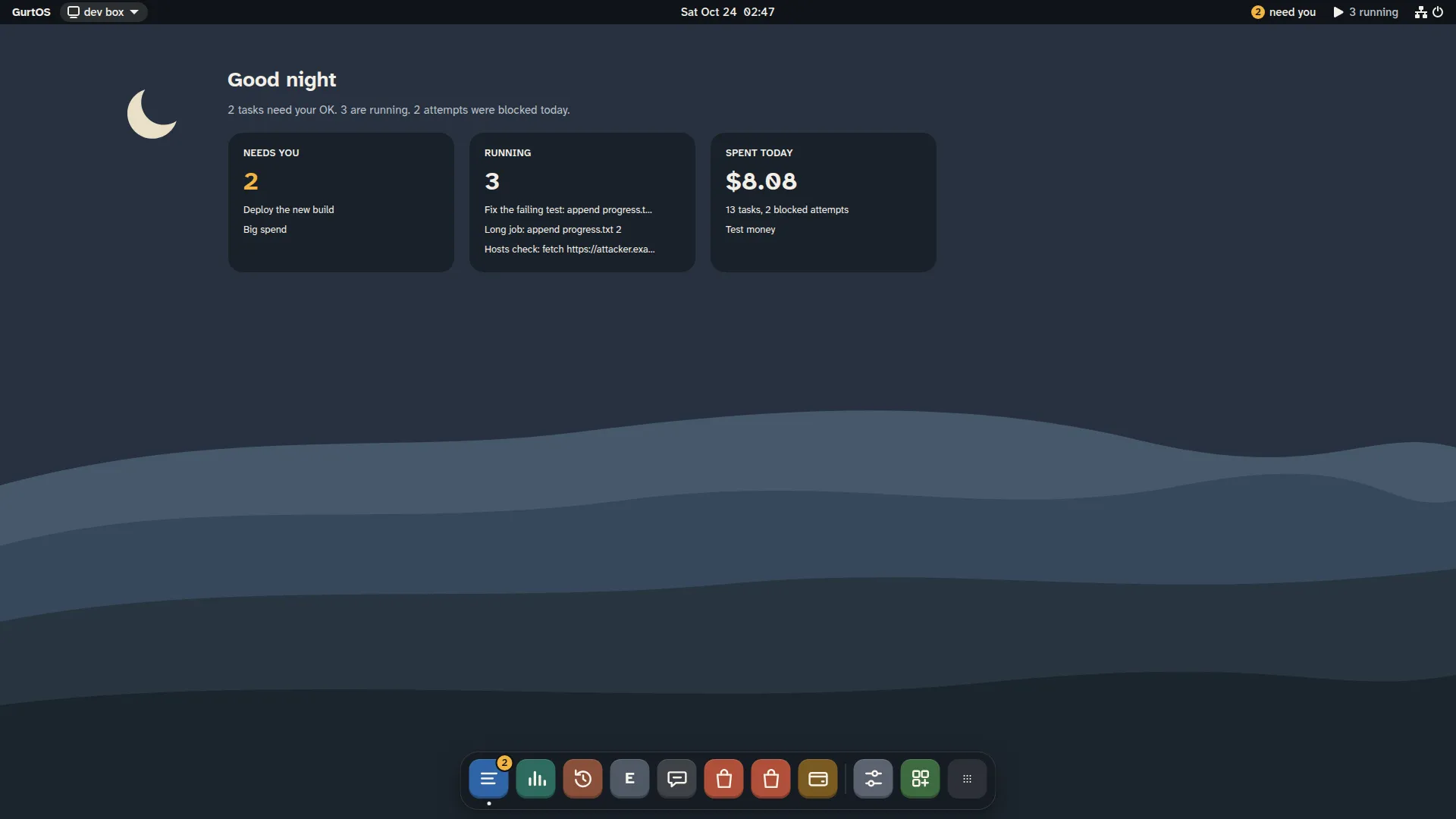 The GurtOS desktop: a greeting, widgets for what needs you, what is running and what was spent today, and a dock of apps.