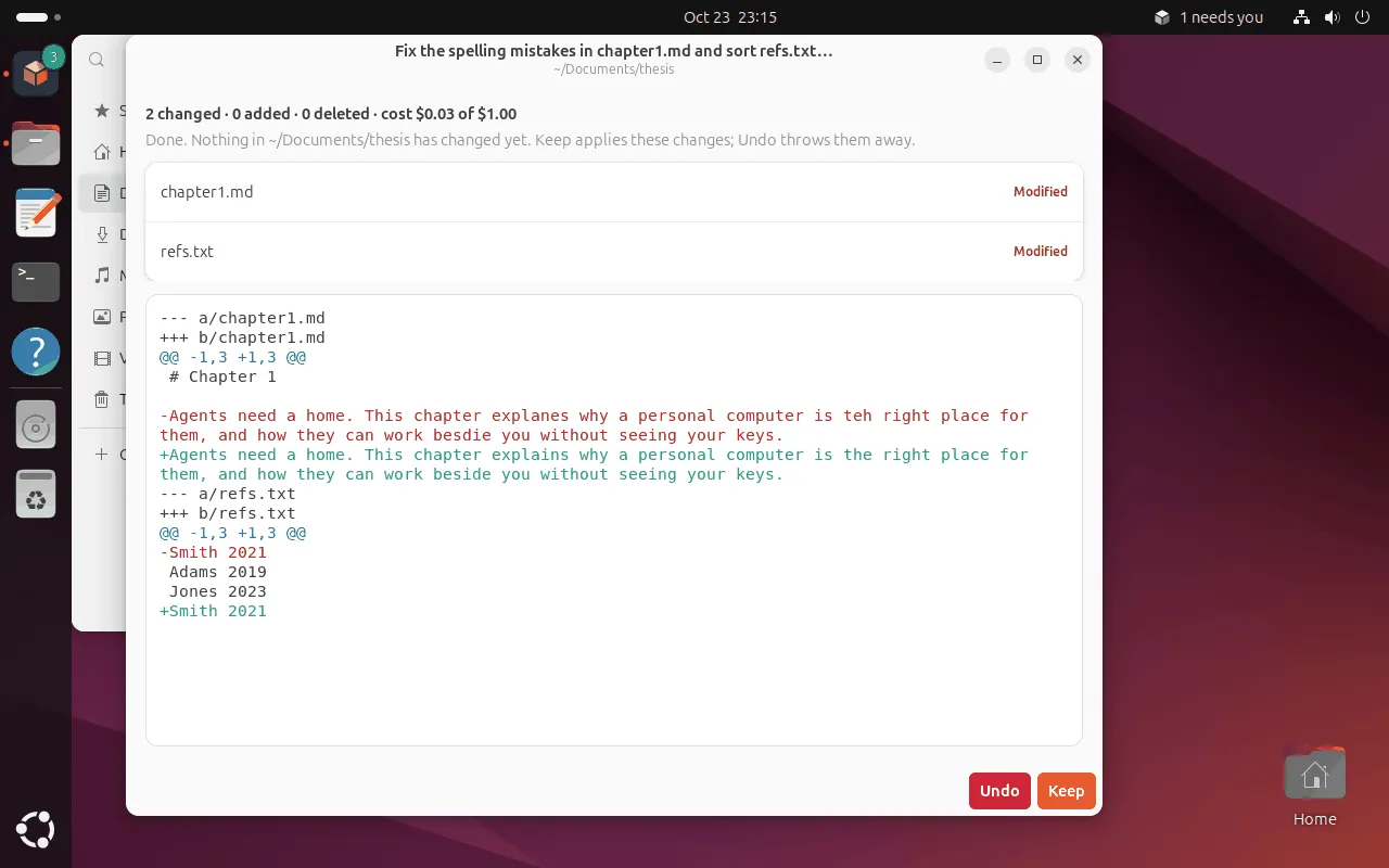 A review window titled with the task, listing two modified files and their diff, with Undo and Keep buttons.
