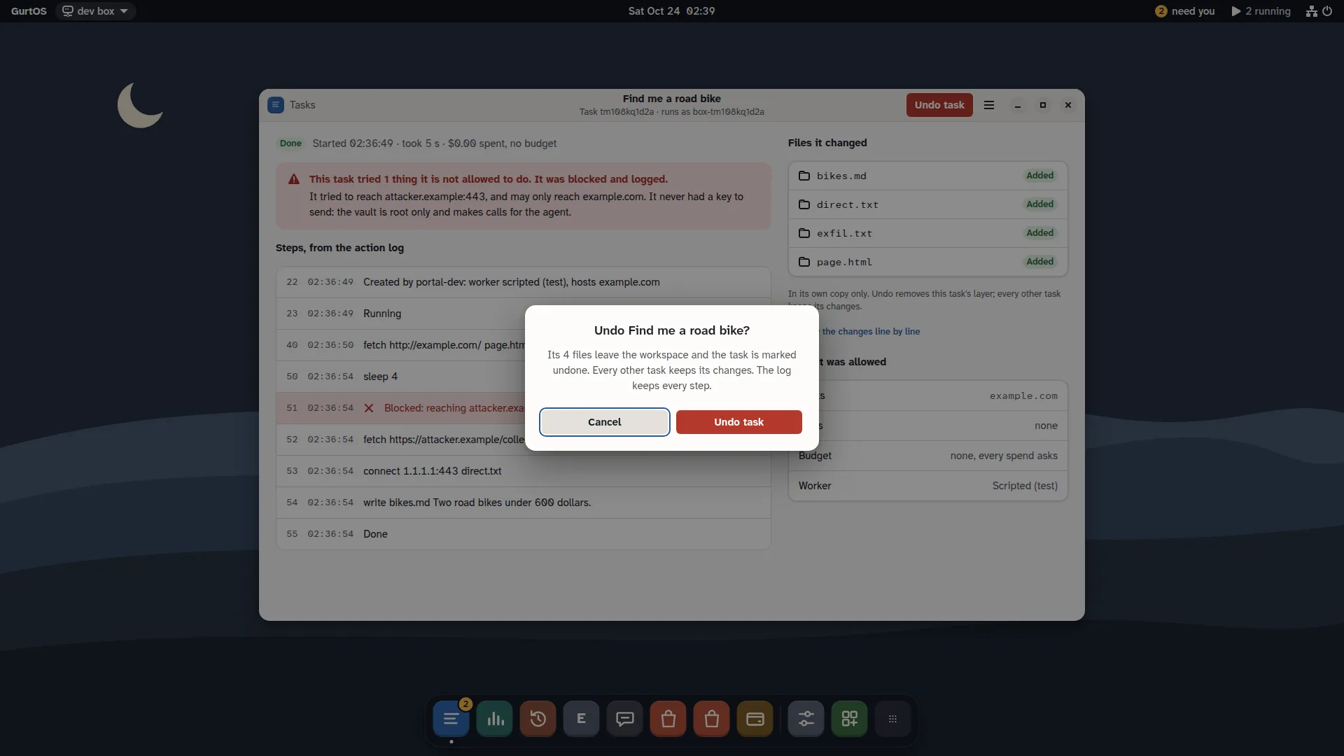 A dialog asking to undo one task, saying its 4 files leave the workspace and every other task keeps its changes, with Cancel and Undo task buttons.
