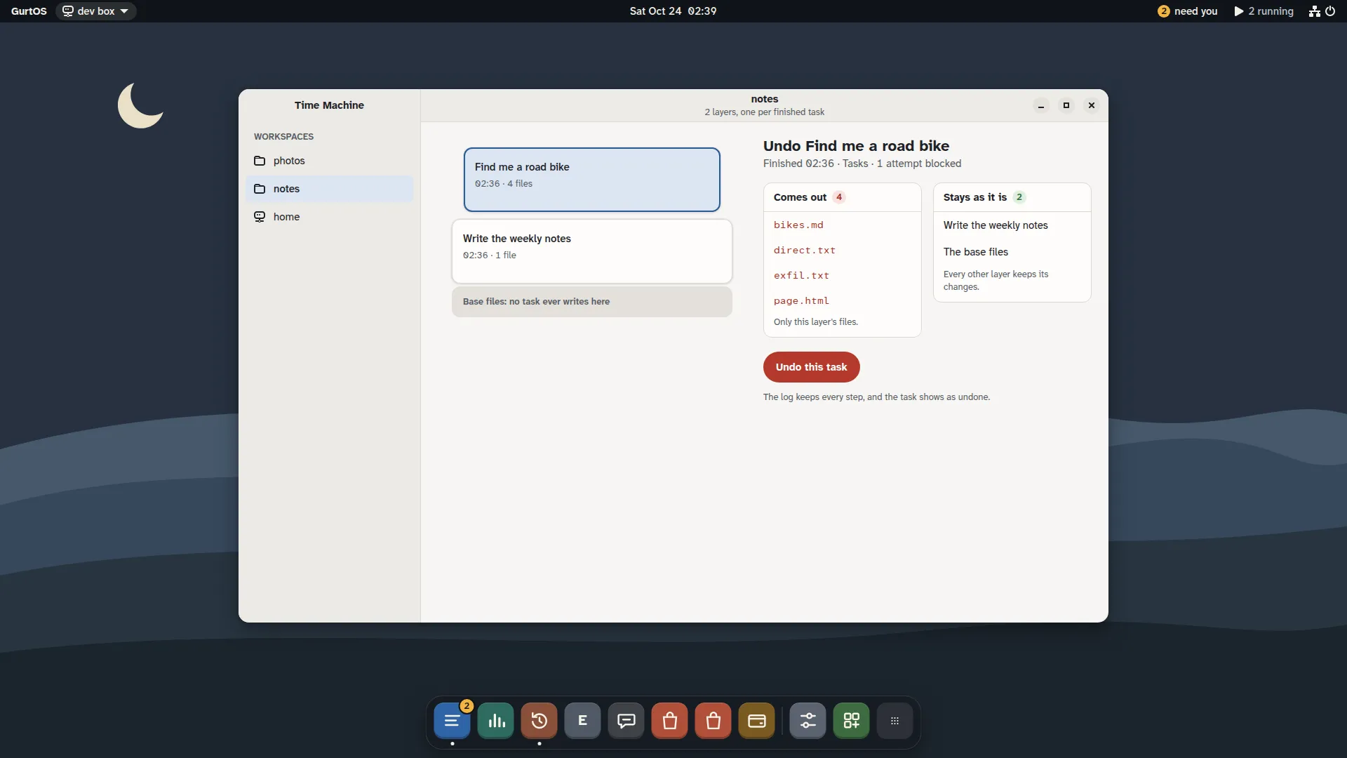 Time Machine: a workspace's task layers over its base files, with the selected layer's files that would come out, what stays as it is, and an Undo this task button.
